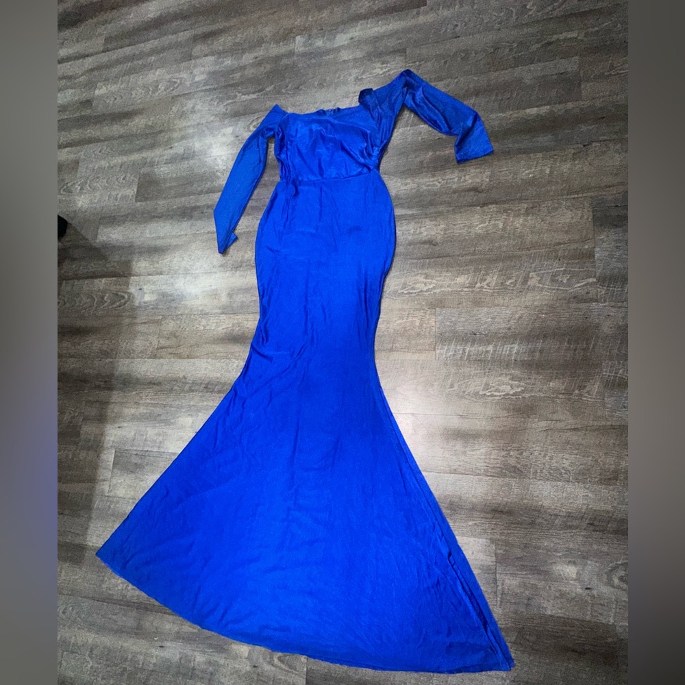 Zara Blue One Shoulder Long Sleeve Gown maternity